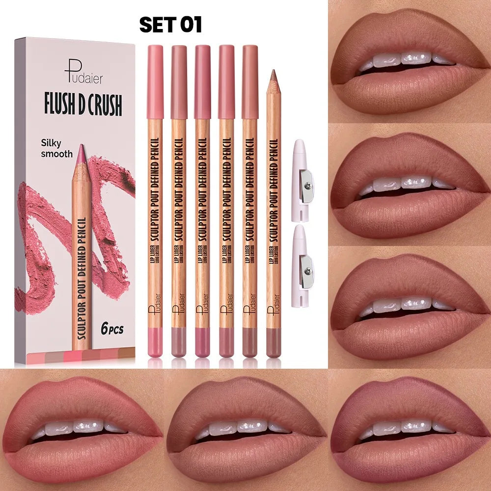 Pudaier Matte Nude Lip Liner Pencil Set – 6 Pcs Waterproof Lip Liner Set PRIMED 01