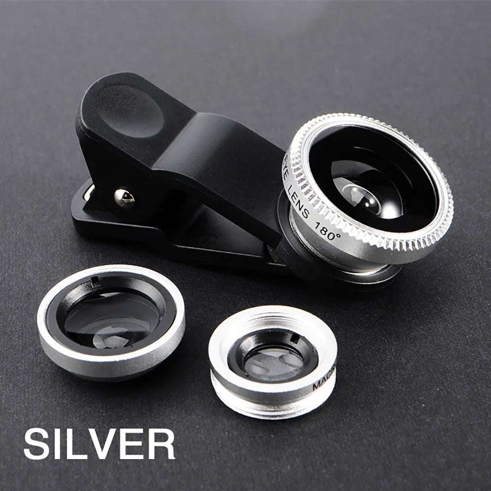 3-in-1 Phone Camera Lens Kit – Fisheye, Wide Angle & Macro Phone Camera Lens PRIMED Silver