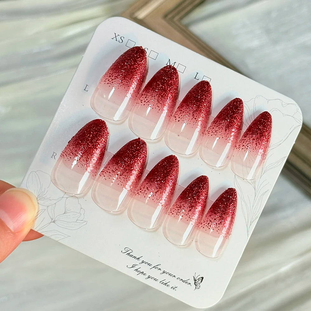 144Pcs Red Glitter Gradient Press On Nails – Wine Red French Tips