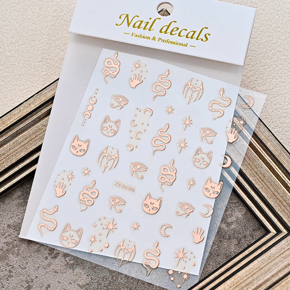 Rose Gold 3D Nail Stickers – Sun Moon Star Bohemian Art