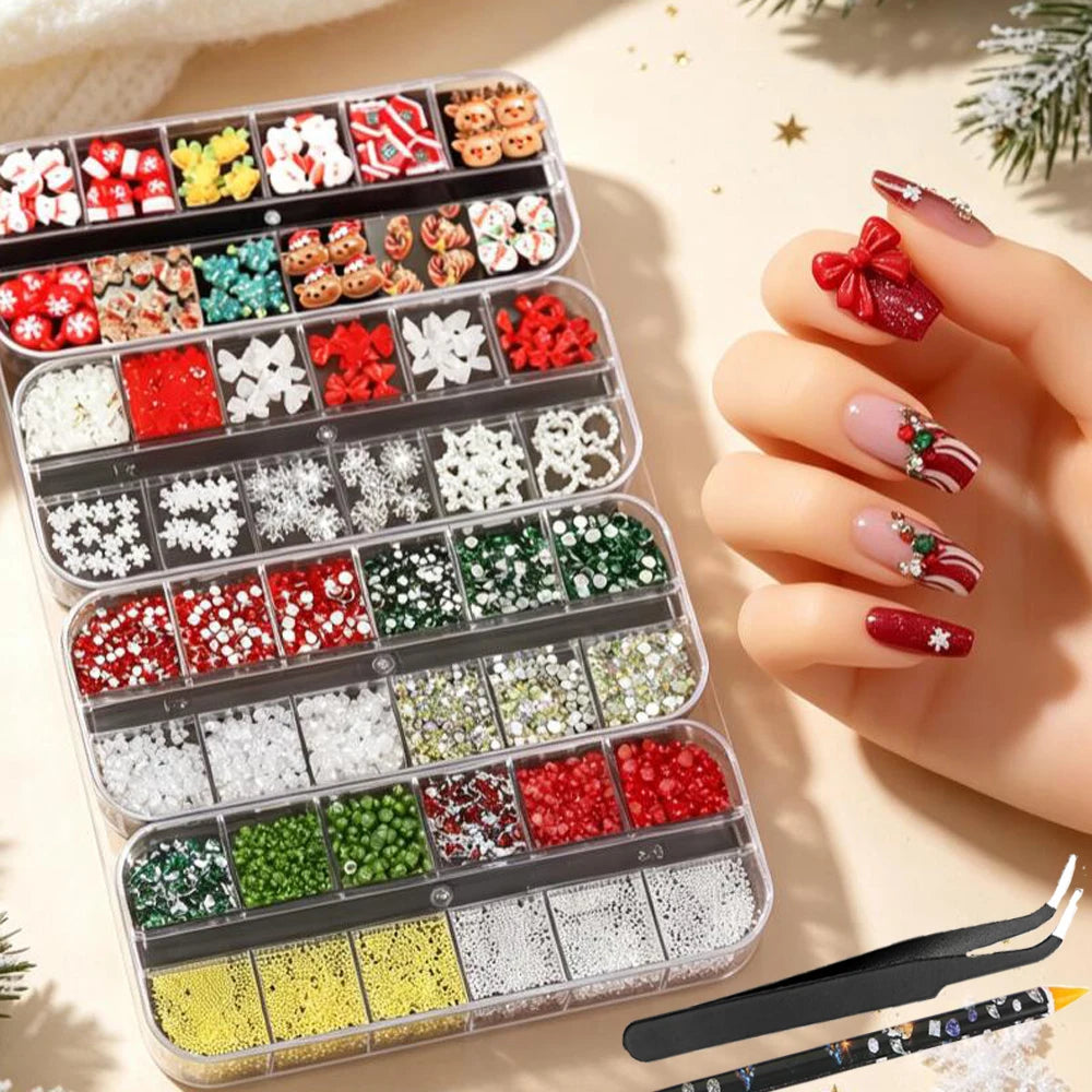 Christmas Nail Charms Set – Santa Snowflake Rhinestones 4 Boxes