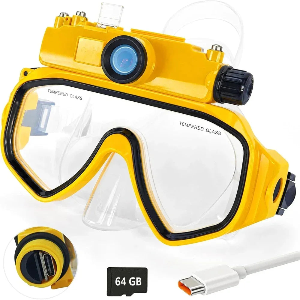 Snorkeling Mask with 2K Camera, 100° Wide Angle & 64GB Card