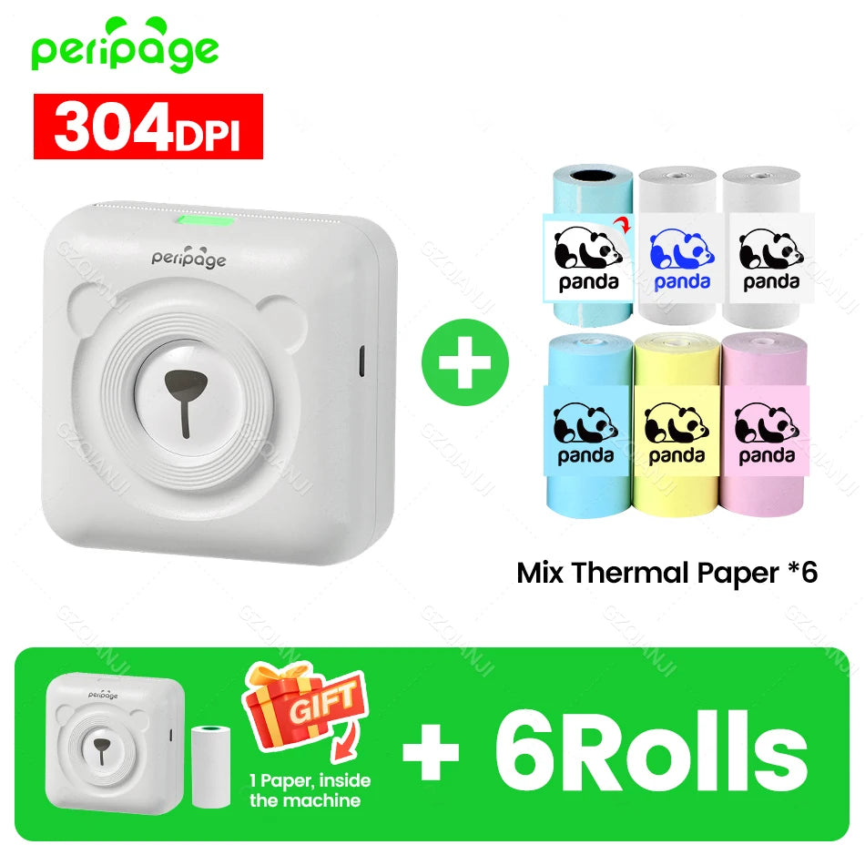 PeriPage A6 304DPI Bluetooth Mini Thermal Photo & Label Printer Mini Thermal Printer PRIMED 304WH add 6Rolls