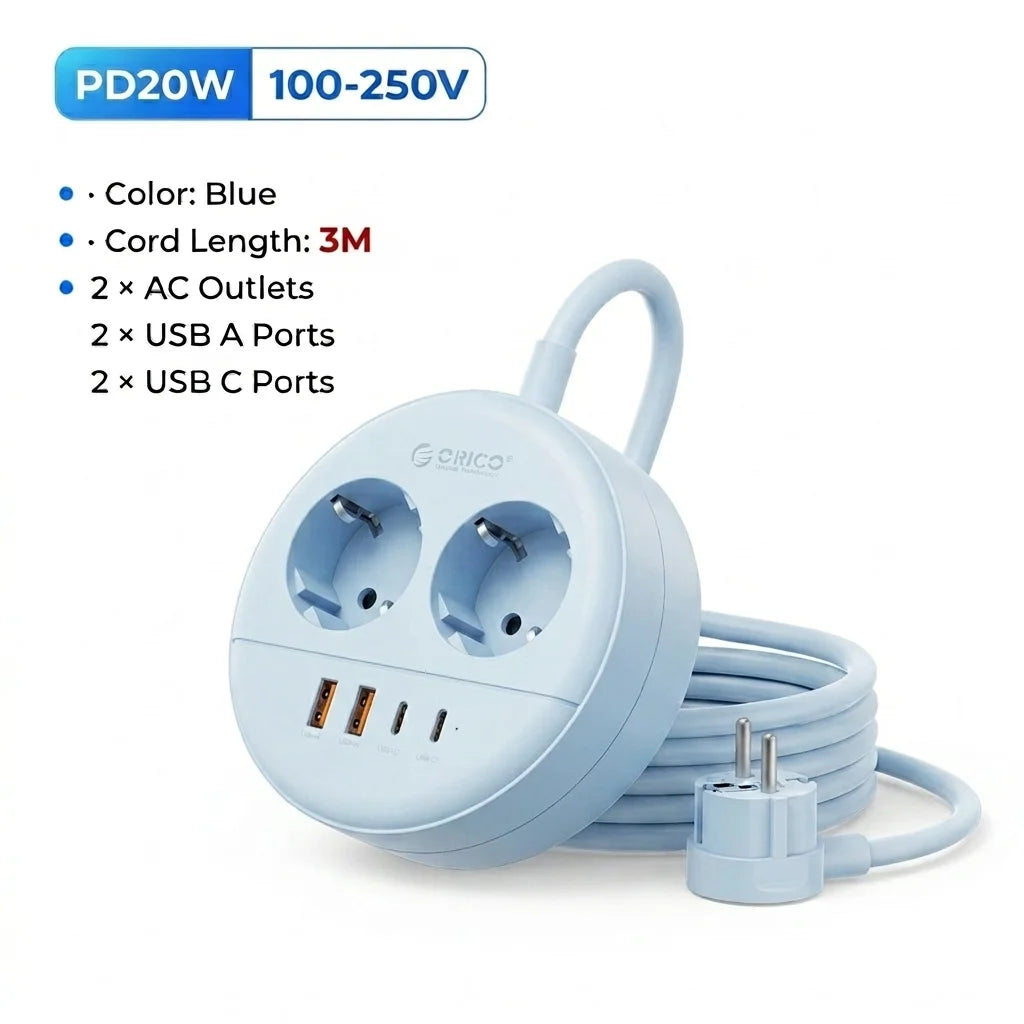 ORICO Desktop Round Power Strip PD20W USB-C USB-A EU Plug Desktop Power Strip PRIMED 3M 2A2U2C Blue China Mainland EU Plug