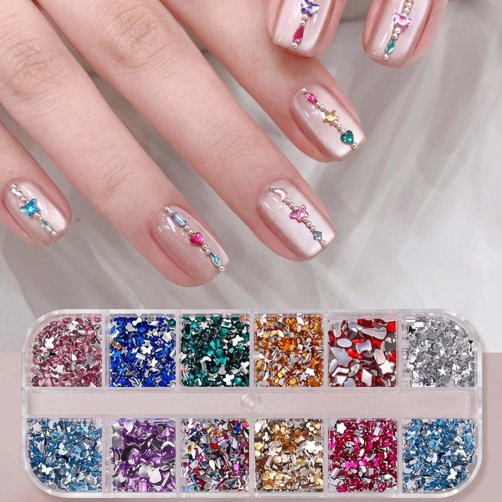12-Grid 3D Nail Rhinestones – Iridescent Flower & Heart Gems Nail Art Rhinestones PRIMED
