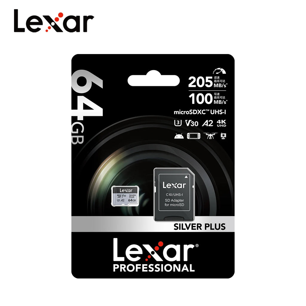 Lexar Silver Plus MicroSD V30 U3 A2 – 64GB to 1TB for Drones MicroSD Memory Card PRIMED 64 GB