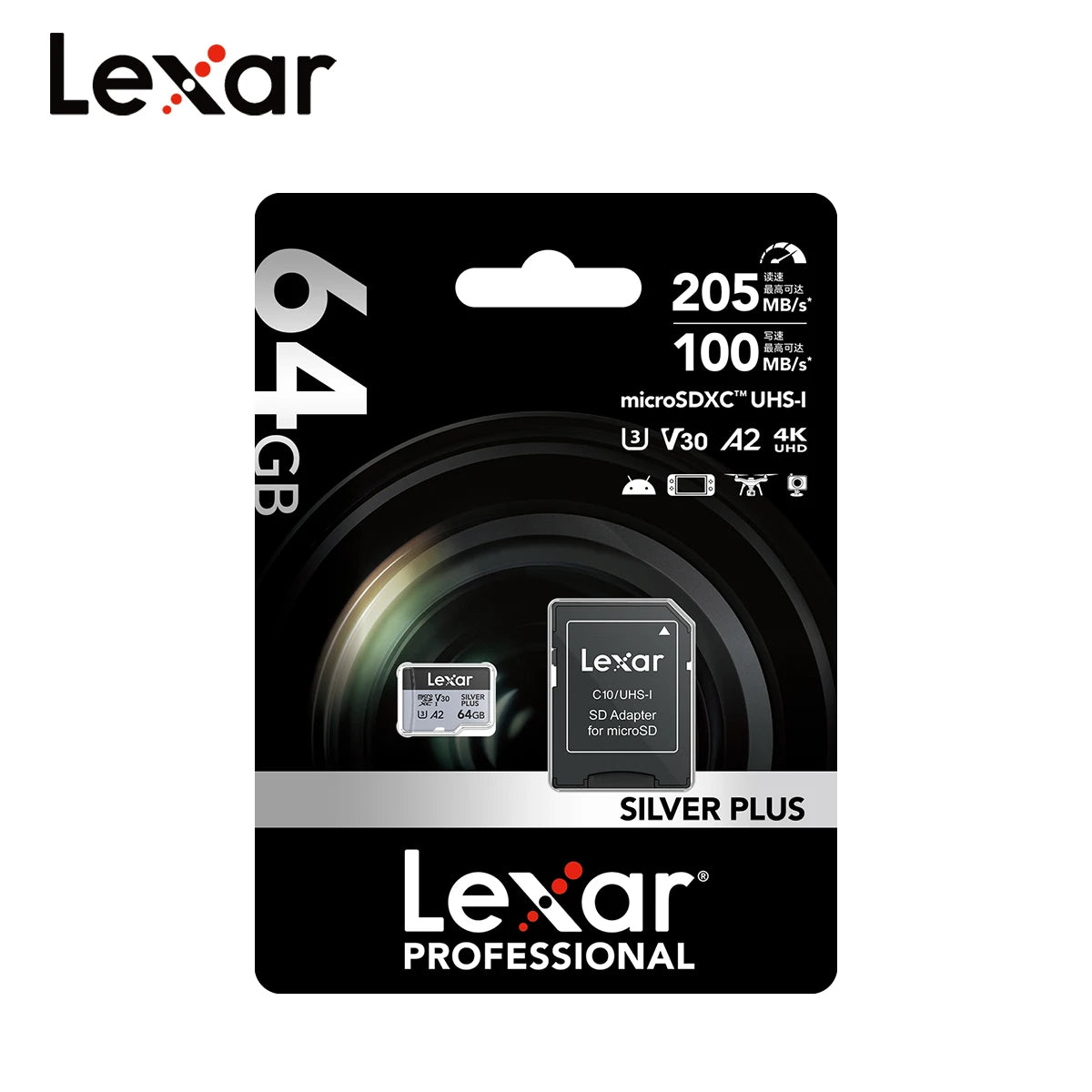 Lexar Silver Plus MicroSD V30 U3 A2 – 64GB to 1TB for Drones MicroSD Memory Card PRIMED 64 GB