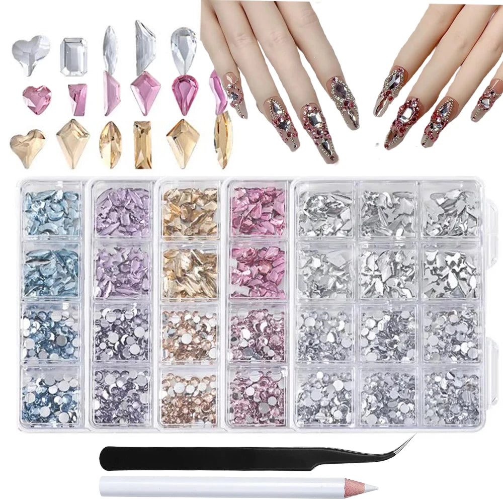 3D Crystal Nail Rhinestones Kit – 12 Shapes, Gems & Tweezer Nail Rhinestone Kit PRIMED