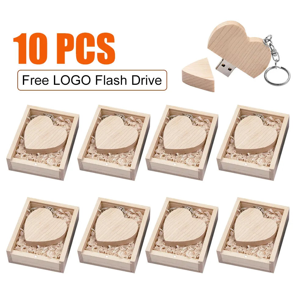 10-Pack Wooden Heart USB Flash Drives 8–64GB | Custom Logo USB Flash Drive PRIMED