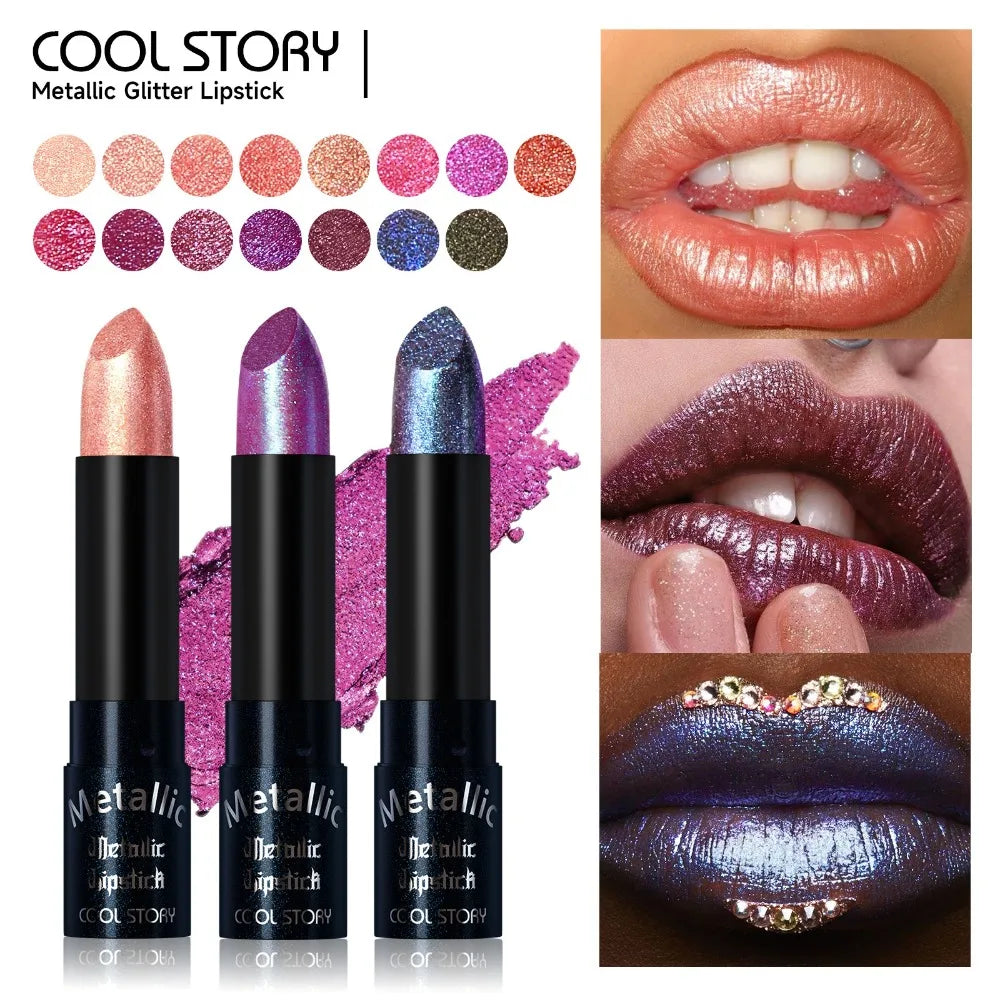 15-Color Metallic Glitter Lipstick – Pearlescent Shimmer Set