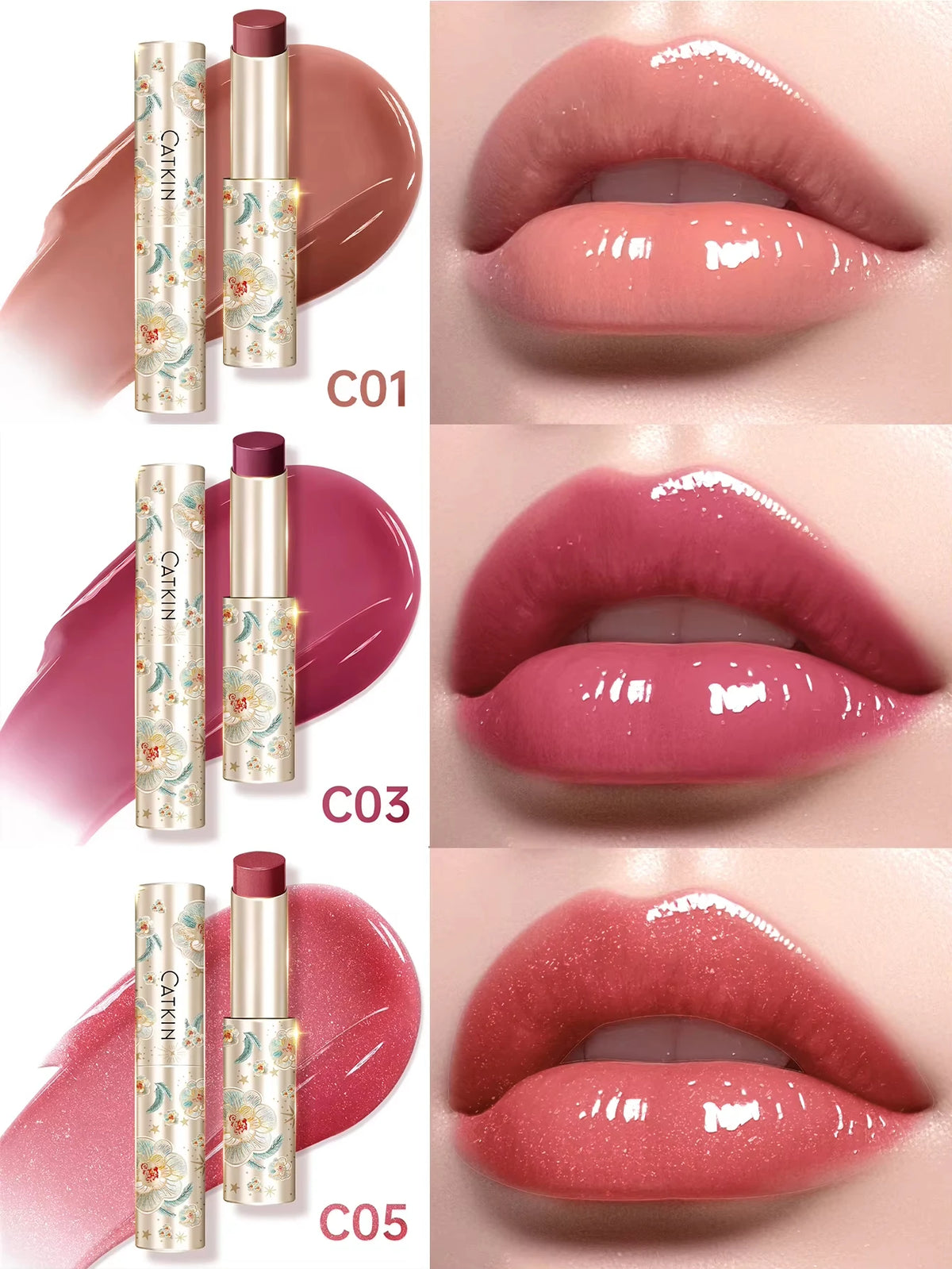 CATKIN 3PCS Glossy Lip Balm Set | Mirror Shine 12H Hydration Lip Balm Set PRIMED C01 C03 C05