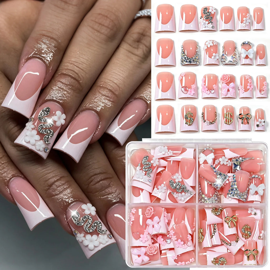 96Pcs Press On Nails Nude French Duckbill Butterfly & Bows Press On Nails PRIMED