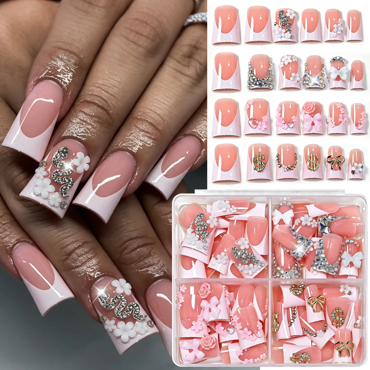 96Pcs Press On Nails Nude French Duckbill Butterfly & Bows