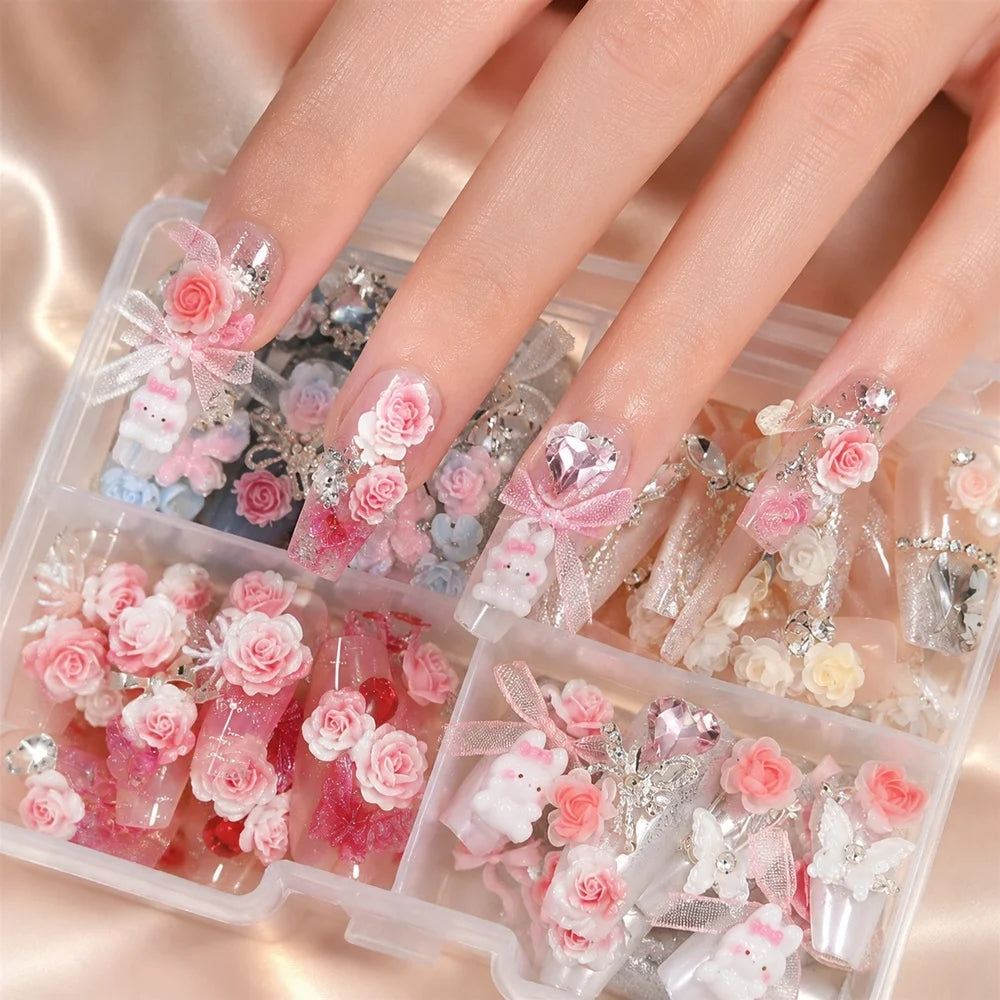96Pcs Press-On Nails | Coffin 3D Floral Bunny Bow Crystal Decor