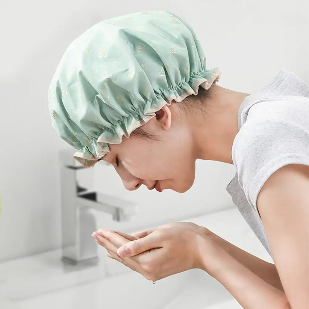 Waterproof Double-Layer Shower Cap – Gold Print Women's Bath Cap Shower Cap PRIMED