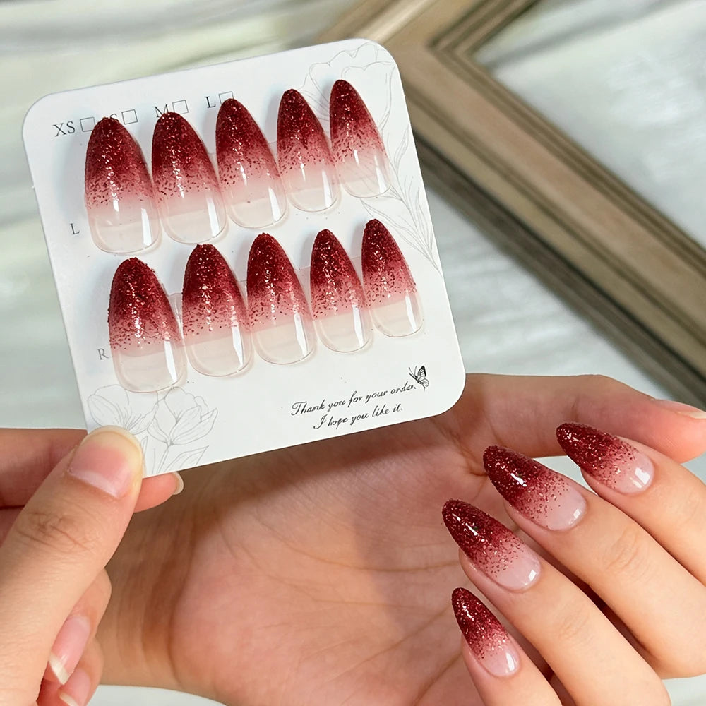 144Pcs Red Glitter Gradient Press On Nails – Wine Red French Tips