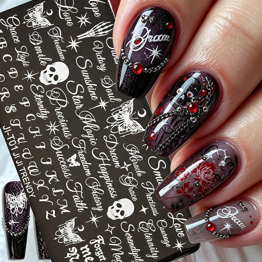 Y2K Gothic Nail Stamping Plate – Skull Butterfly Cursive DIY